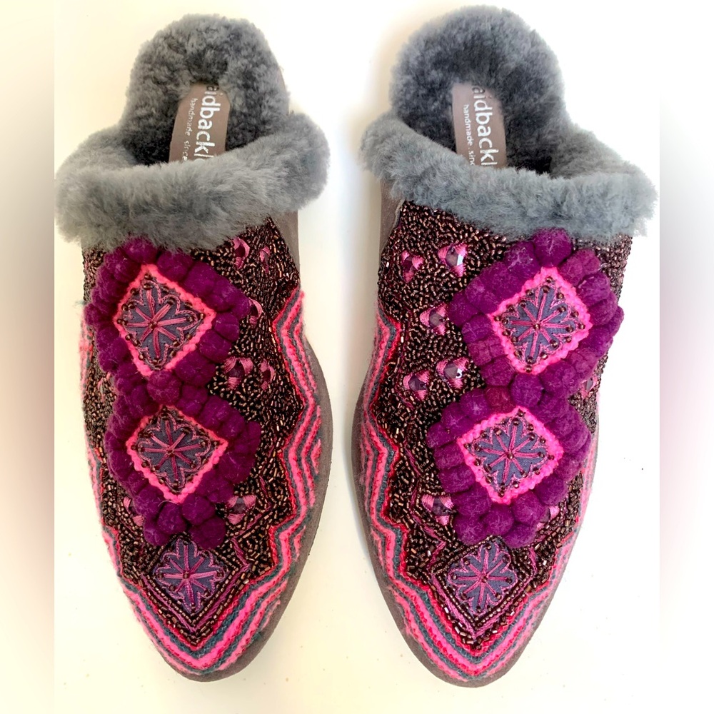 NEW Laidback London Embroidered Beaded Sheep Shearling Slippers